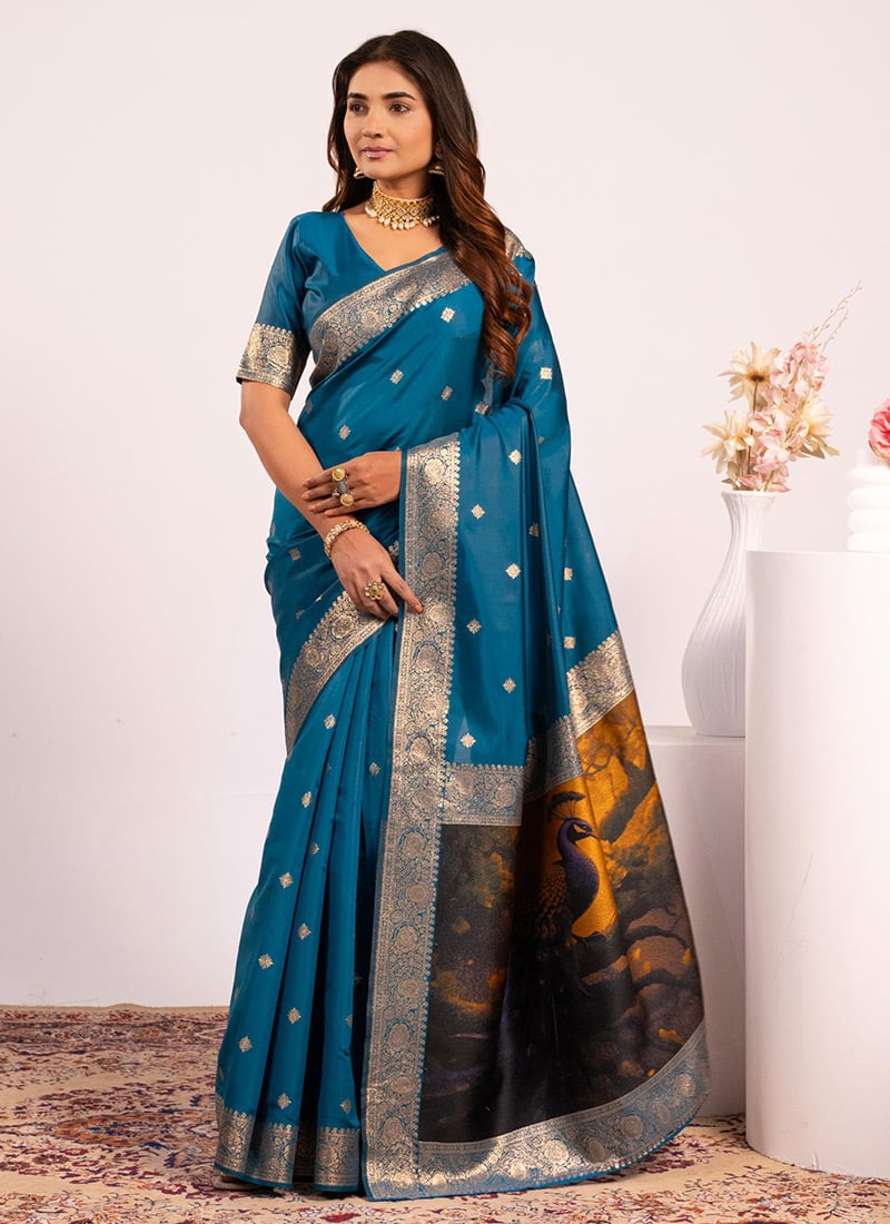 Firozi Banarasi Silk Zari Resham Woven Saree Festive Wear