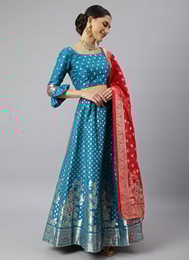 Firozi Benarasi Silk Jacquard Woven Umbrella Lehenga
