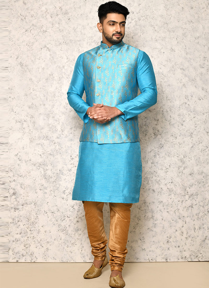 Firozi Blue Art Silk Jacquard Work Bandi Set Party Wear