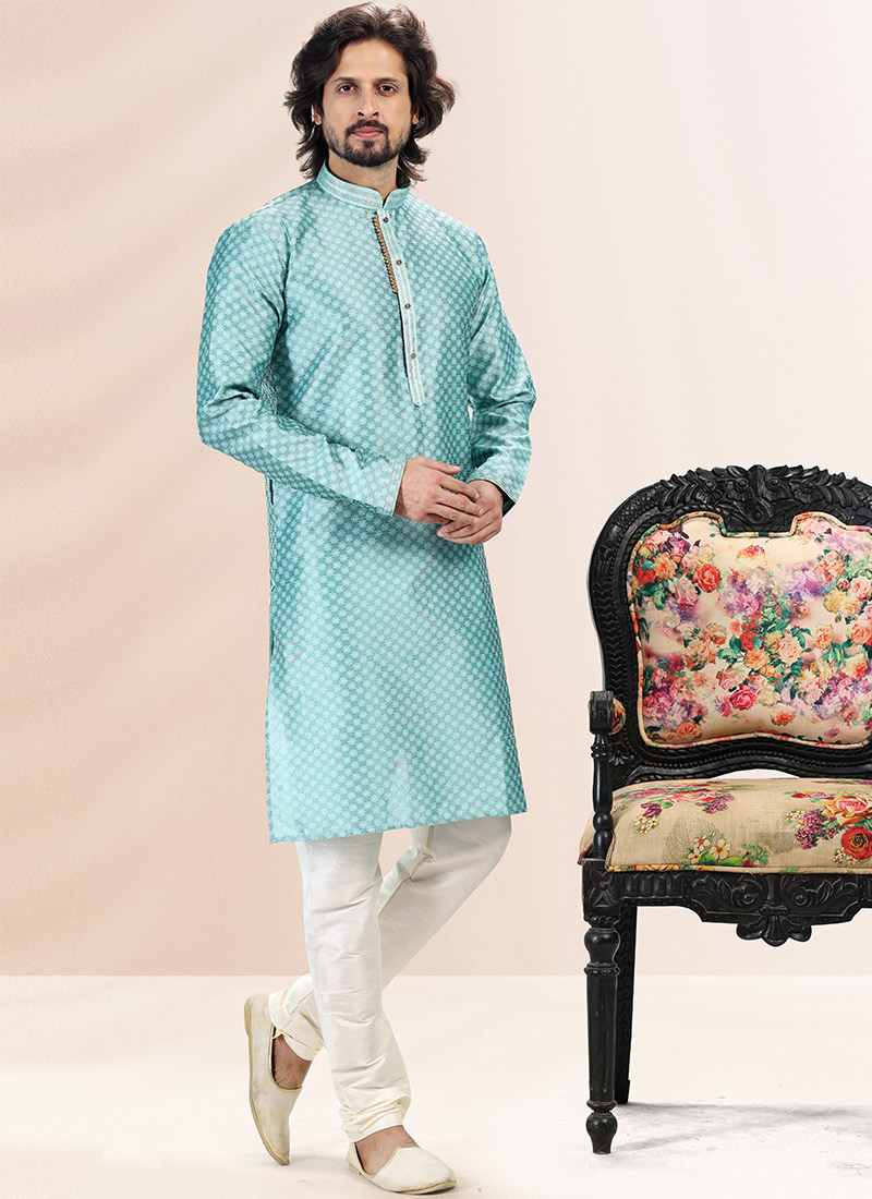 Firozi Blue Banarasi Silk Embroidered Work Kurta Pyjama Party Wear