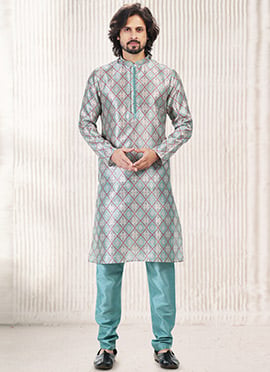 Firozi Blue Banarasi Silk Jacquard Kurta Pyjama