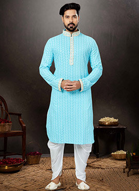 Firozi Blue Cotton Lucknowi Embroidery Kurta Pyjama