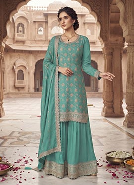 Firozi Chinon Jacquard Embroidered Palazzo Suit