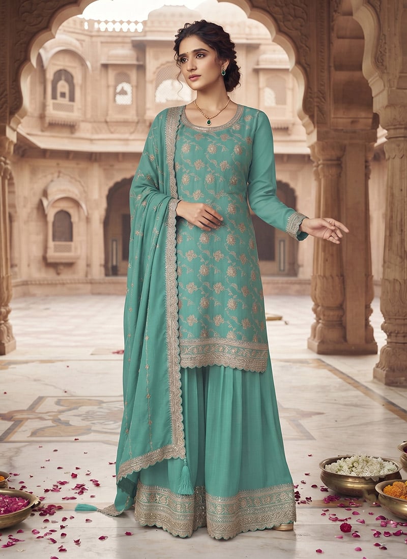 Firozi Chinon Jacquard Embroidered Palazzo Suit Festive Wear