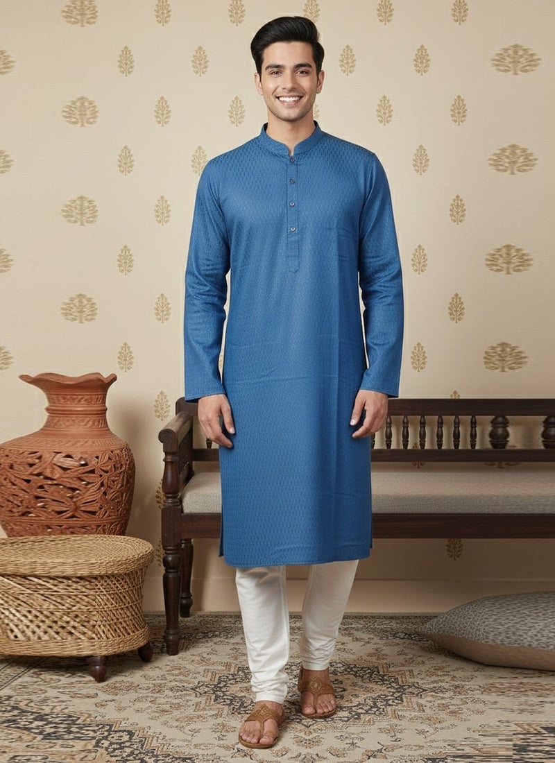 Firozi Cotton Textured Kurta Pyjama Festive Wear