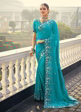 Firozi Crepe Embroidered Beads Thread Zarkan Stones Saree