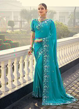 Firozi Crepe Zarkan Embroidered With Stone And Beads Work Saree