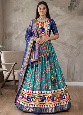 Firozi Dhola Silk Mirror Work Navratri Chaniya Choli For Navratri