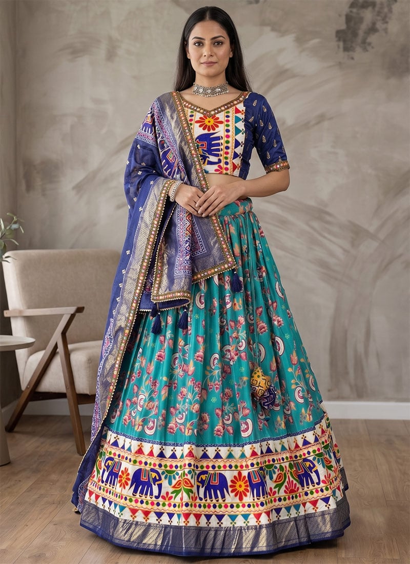 Firozi Dhola Silk Mirror Work Navratri Chaniya Choli For Navratri Festive Wear