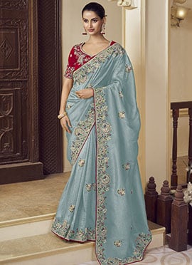 Firozi Georgette Embroidered Sequins And Stones Saree
