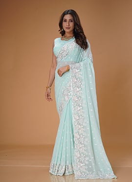 Light Blue Georgette Hand Embroidered Sequins Beads And Stone Work Saree