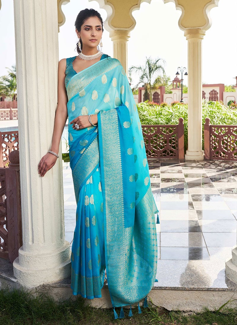 Firozi Georgette Zari Woven Saree Festive Wear