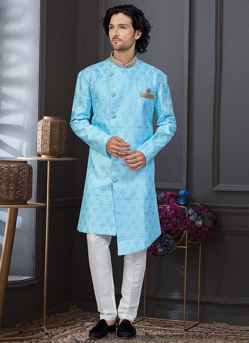 Firozi Jacquard Silk Embroidered Sequins Indowestern Sherwani Wedding Wear