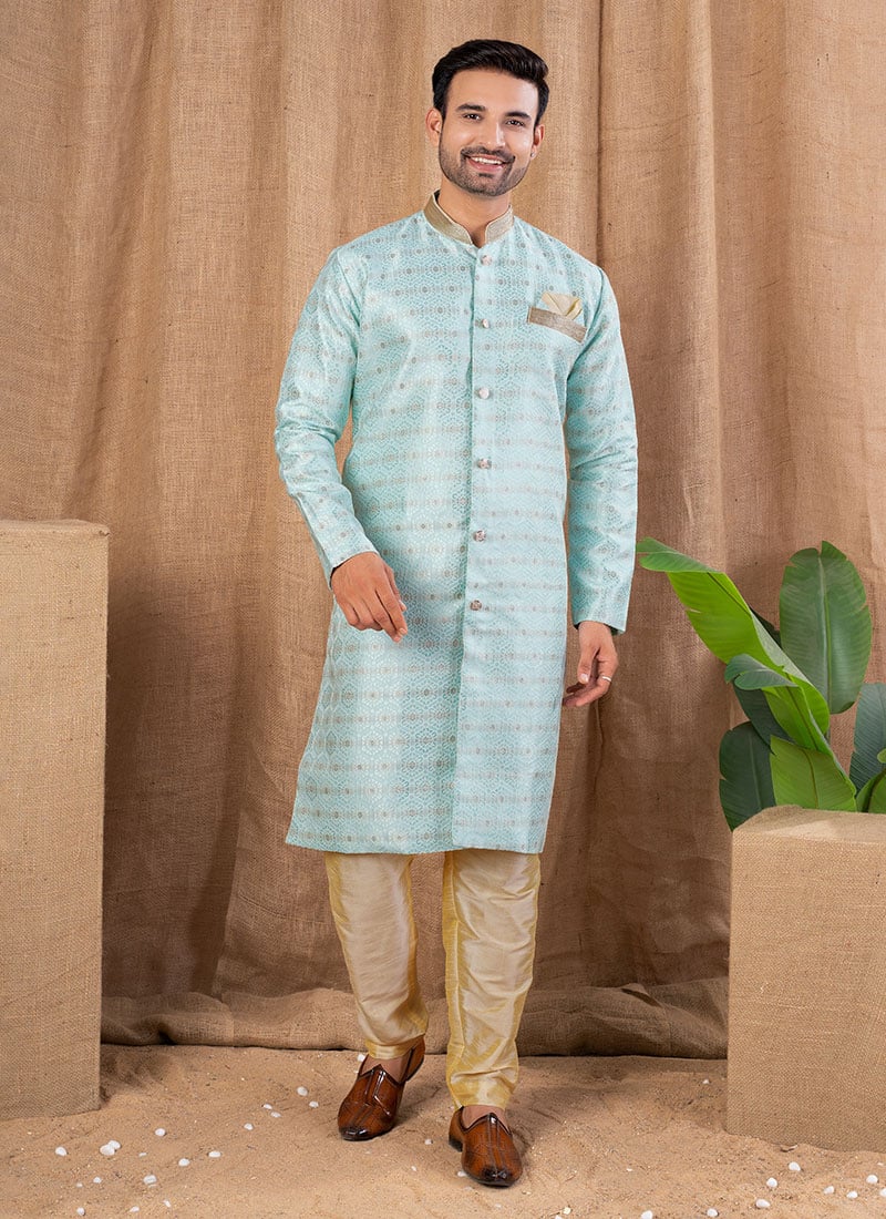 Firozi Jacquard Silk Indowestern Sherwani