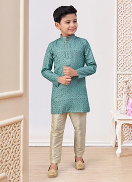 Firozi Jacquard Silk Printed With Zari Work Boys Kurta Pyjama