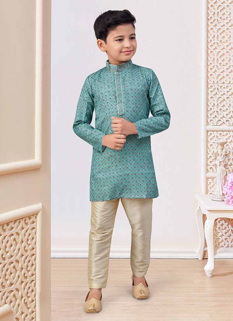 Firozi Jacquard Silk Printed With Zari Work Boys Kurta Pyjama Festive Wear