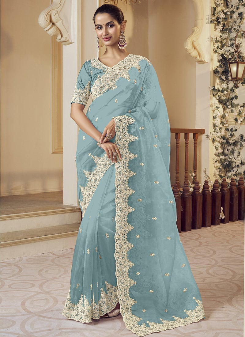 Firozi Net Embroidered Sequins Saree Wedding Wear