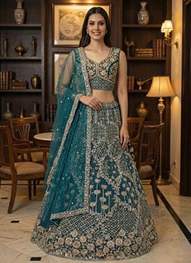 Firozi Net Sequins Embroidered Zari Thread Dori Umbrella Lehenga