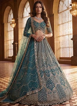 Firozi Net Zardosi Embroidered Sequins Lehenga