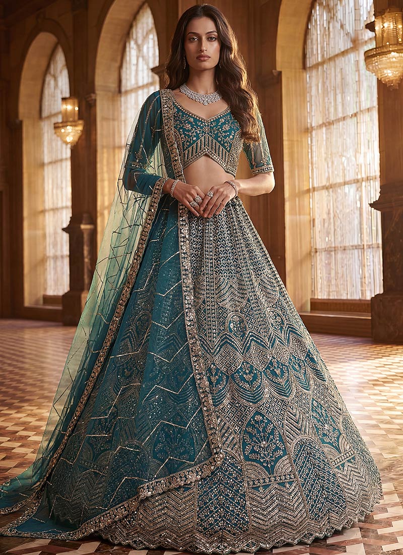 Firozi Net Zardosi Embroidered Sequins Lehenga Wedding Wear