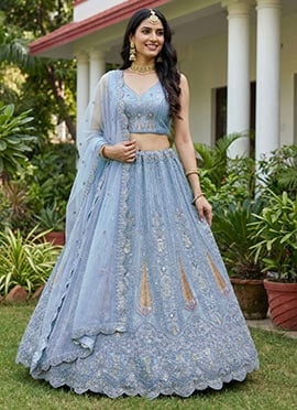 Firozi Net Zari Sequins Embroidered Zarkan Stones Dori Thread Umbrella Lehenga