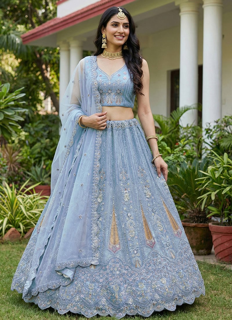 Firozi Net Zari Sequins Embroidered Zarkan Stones Dori Thread Umbrella Lehenga Wedding Wear