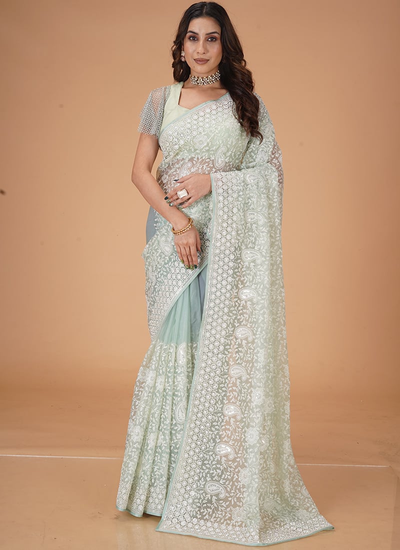 Firozi Organza Hand Embroidered Sequins Stone Work Saree Wedding Wear