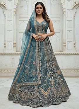 Firozi Organza Zari Sequins Stones Embroidered Thread Dori Umbrella Lehenga