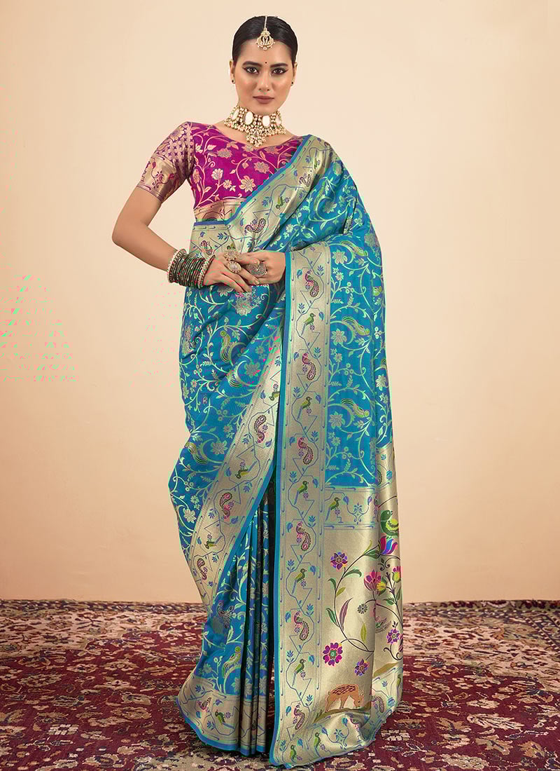 Firozi Paithani Silk Hand Painted Zari Woven Saree Festive Wear