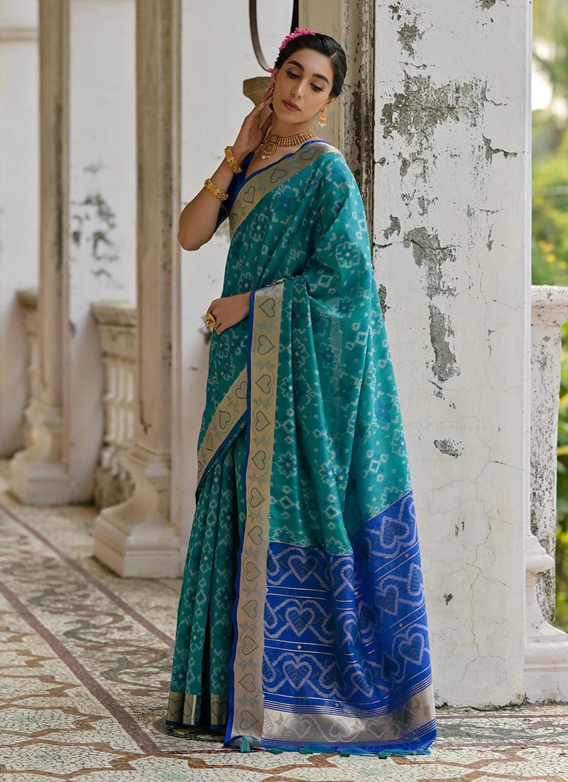 Firozi Raw Silk Zari Resham Woven Ikat Print Saree Festive Wear