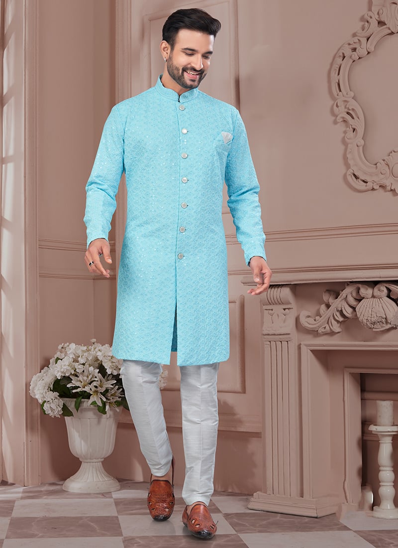 Firozi Rayon Lucknowi Embroidered Sequins Indowestern Sherwani Festive Wear