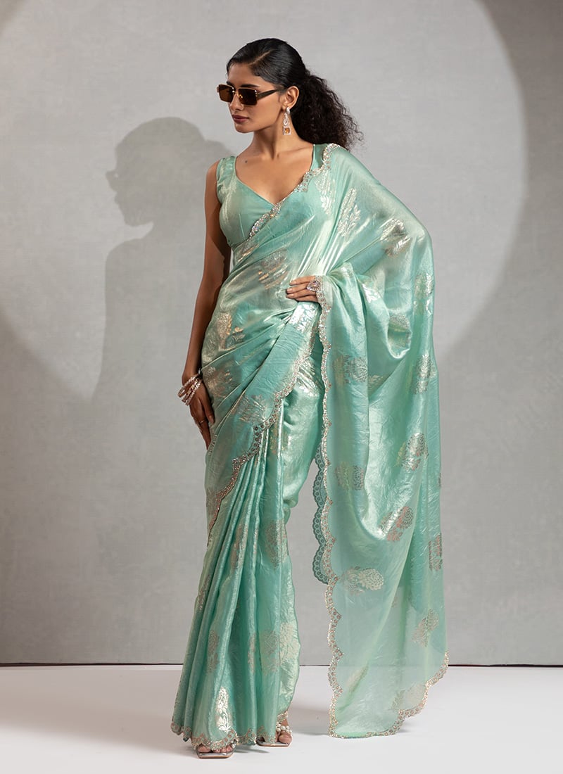 Firozi Satin Silk Saree with Zarkan Stones Festive Wear
