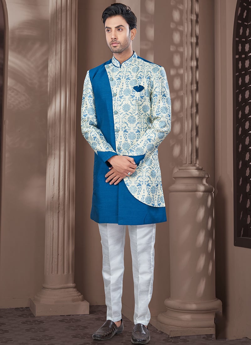 Firozi Sequins Jacquard Silk Digital Print Indowestern Sherwani