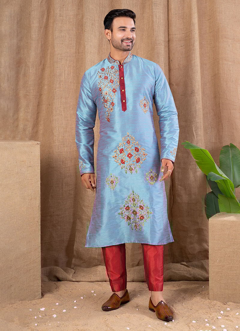 Firozi Silk Embroidered Kurta Pyjama