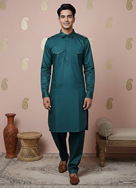 Firozi Silk Textured Kurta Pyjama