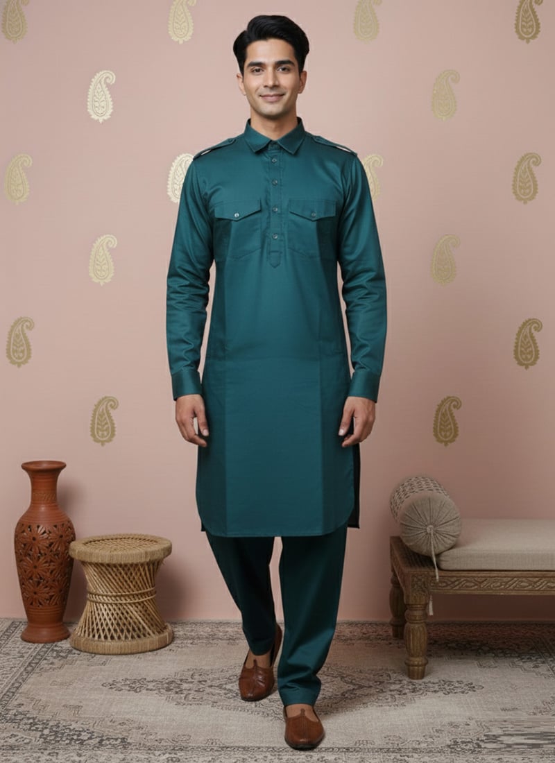 Firozi Silk Textured Kurta Pyjama Festive Wear