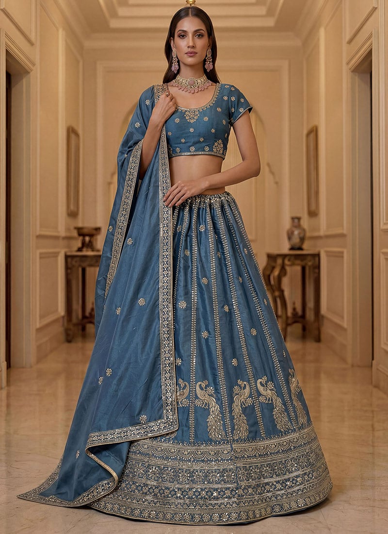 Firozi Silk Zari Embroidered Sequins Lehenga Wedding Wear