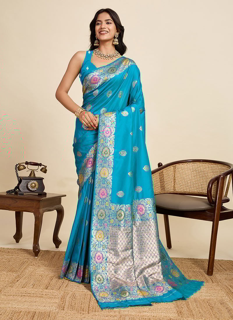 Firozi Silk Zari Jacquard Saree Festive Wear
