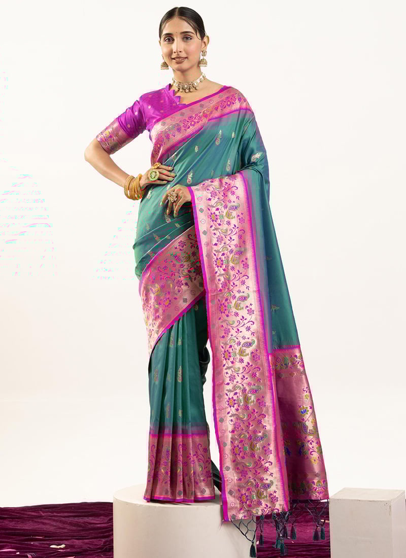 Firozi Soft Banarasi Silk Zari Jacquard Saree Festive Wear