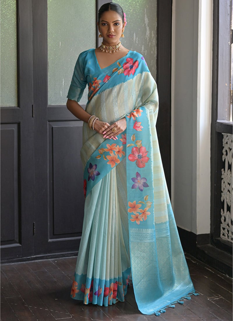 Firozi Soft Silk Zari Woven Digital Print Saree Festive Wear