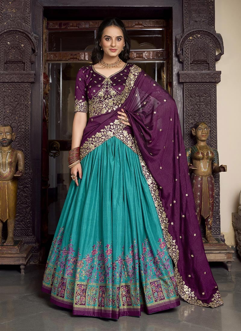 Firozi Tussar Silk Sequins Embroidered And Foil Print Umbrella Lehenga