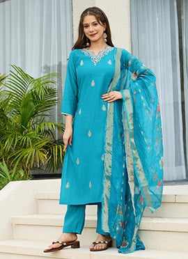 Firozi Viscose Embroidered Sequins Straight Pant Suit