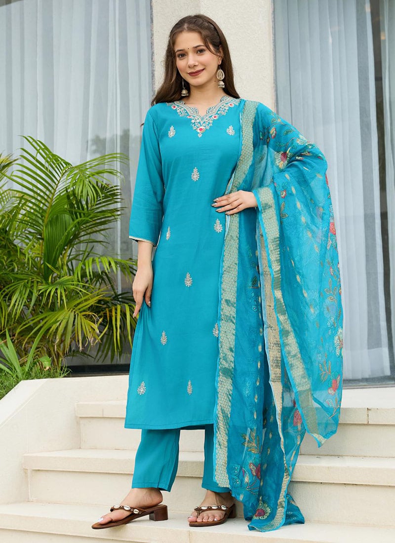 Firozi Viscose Embroidered Sequins Straight Pant Suit Festive Wear