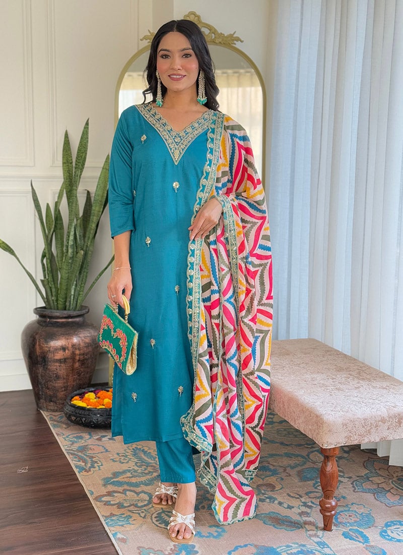 Firozi Viscose Embroidered Sequins Straight Pant Suit With Printed Dupatta