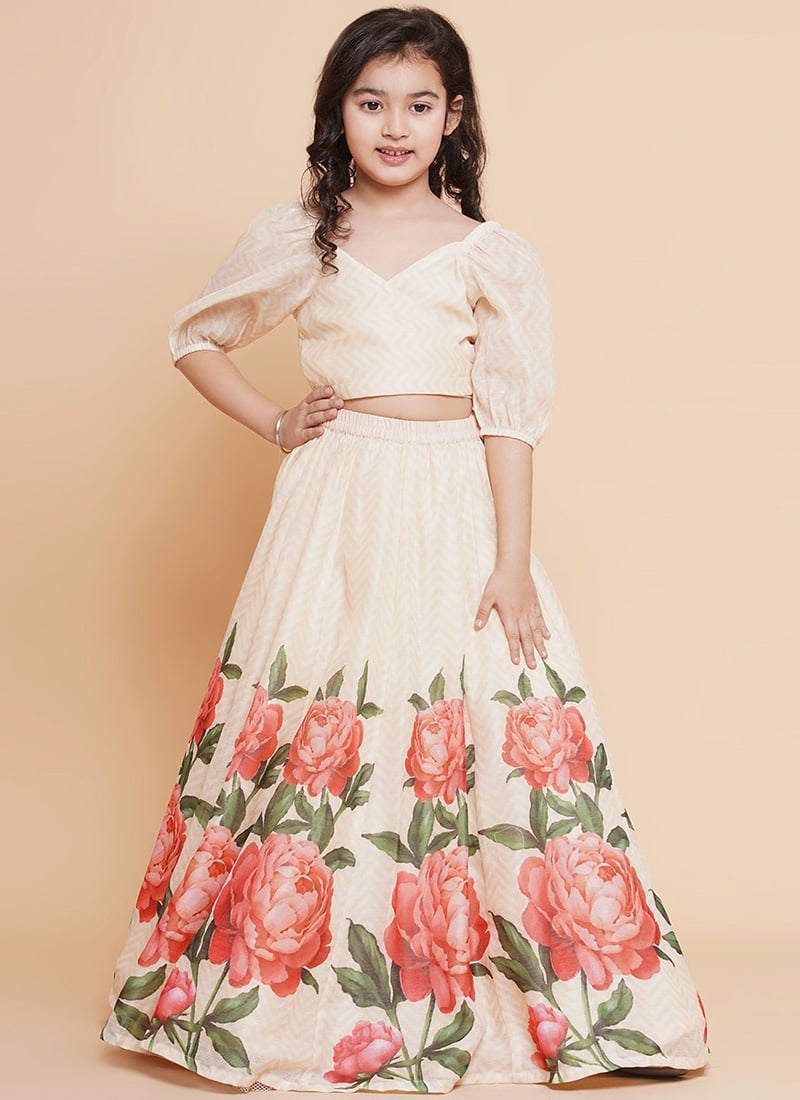 Flamboyant Silk Printed Kids Girls Umbrella Lehenga