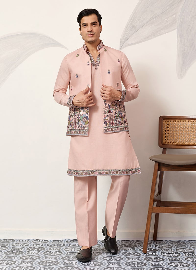 Flawless Peach Viscose Silk Embroidered Sequins Thread Bandi Set Wedding Wear