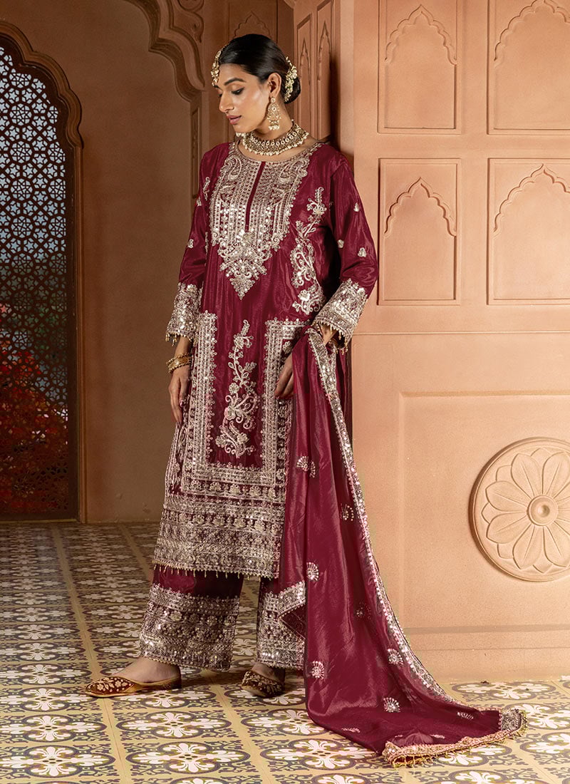 Flawlessly Designed Maroon Chinon Embroidered Gota Sequins Palazzo Suit Festive Wear