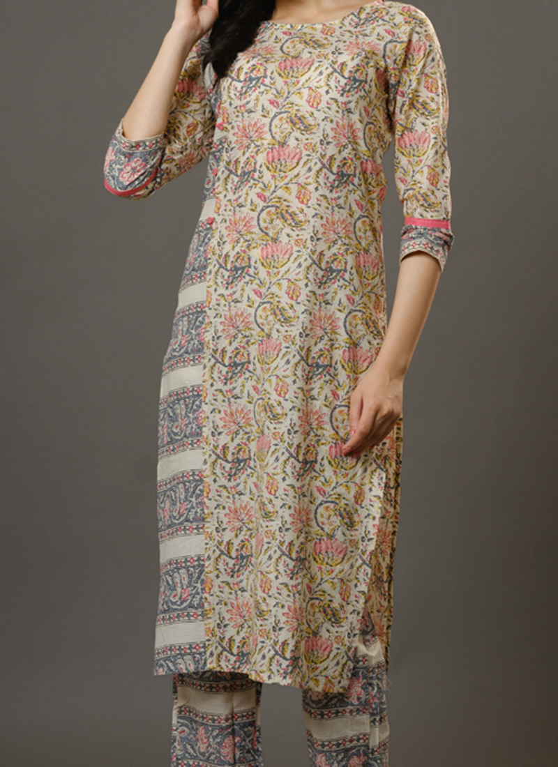 Beige Printed Rayon Kurta Set