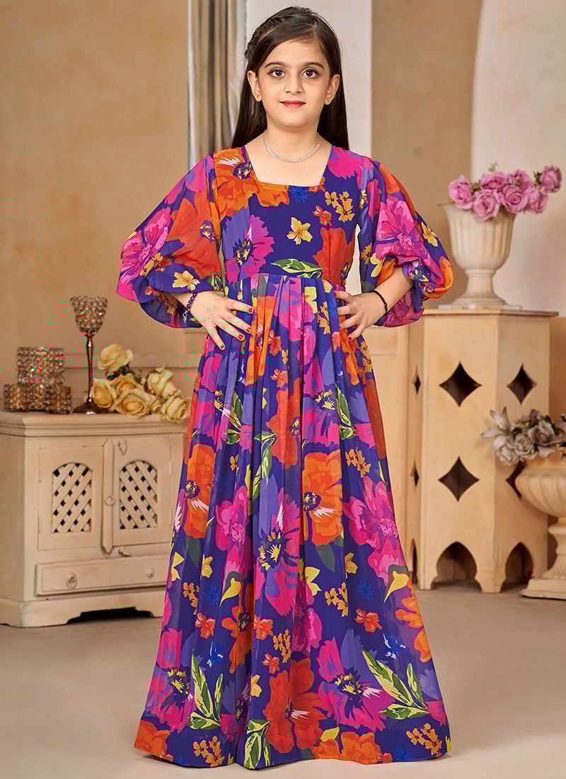 Floral Digital Print Blue Kids Girls Gown Party Wear