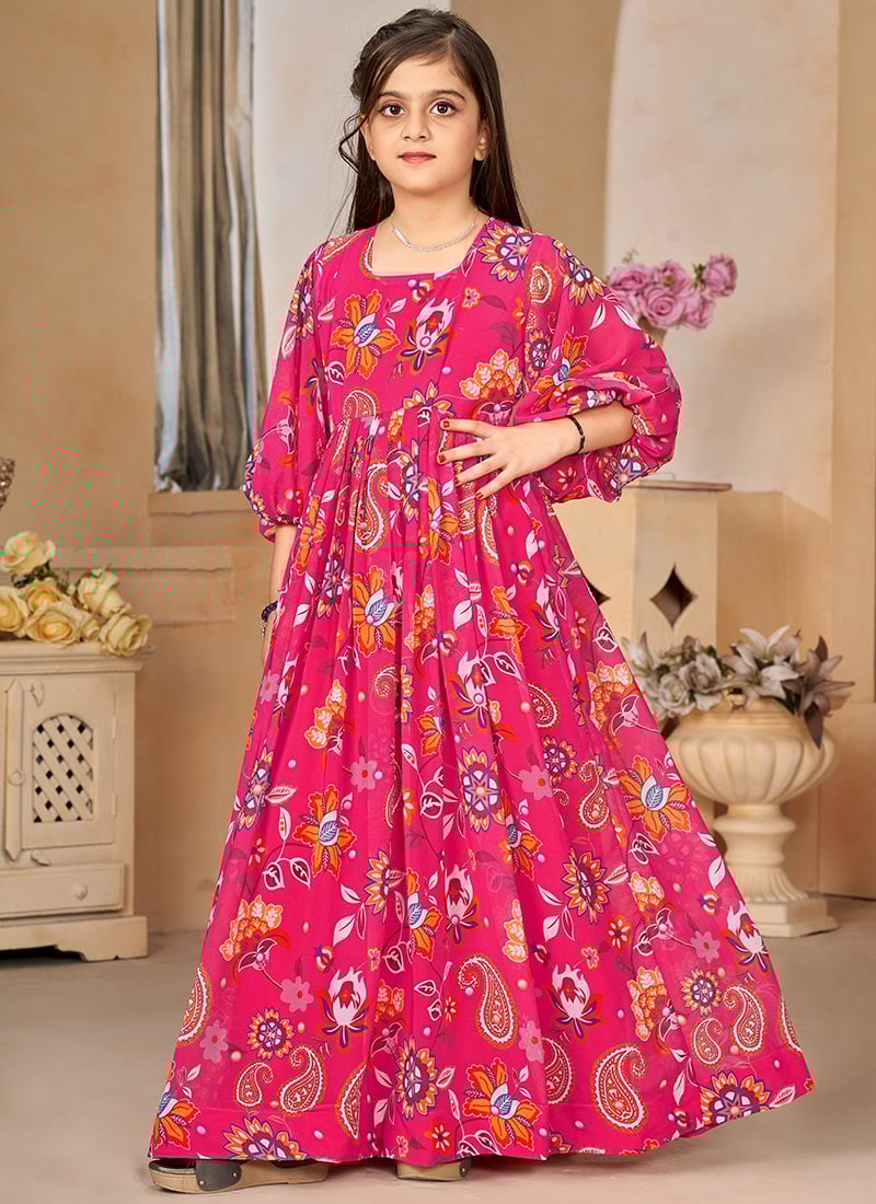 Floral Digital Print Pink Kids Girls Gown Party Wear